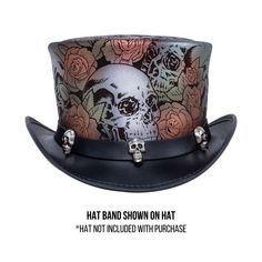 3 Skull Black Leather Hat Band Black Leather Hat, Leather Top Hat, American Hat Makers, American Hat, Steampunk Top Hat, Skull And Roses, Skull Hat, Skulls And Roses, Flower Skull