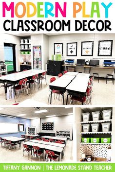 the classroom is decorated in modern play colors and furniture for children to enjoy their time