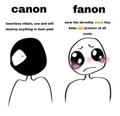 two cartoon faces with the words canon and fanon written on them, one is frowning at