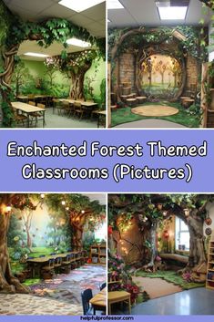 the inside of a classroom decorated with trees and plants