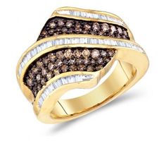 Chocolate Brown Diamond Ring Wave Fashion Band 10k Yellow Gold (1.60 ct.tw) #Diamond #wedding #Engagement #Band #fashion #Jewelry jeweltie.com Hand Band, 10k Gold Ring, White Diamond Ring, Anniversary Bands