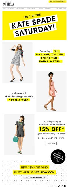 an ad for the kate spade saturday sale is shown in yellow and black, with different styles