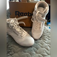 These Are In Excellent Used Condition. I Bought Them To Wear For A School 80’s Day. They Are A Youth 4.5 But I Wear A Women’s 6. Casual High-top Workout Sneakers, Shoes Reebok, Reebok Shoes, Womens Reebok, Womens Shoes Sneakers, High Tops, Shoes Sneakers, Color White, Size 4