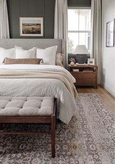 Midtone Bedroom, Guest Bedroom Green Walls, Beige Bedroom Blue Accents, Master Queen Bedroom Ideas, Apartment King Bedroom Decor, Guest Room With Metal Bed, King Bed In Front Of Two Windows, Curtains Next To Bed, Bedroom Ideas Southern