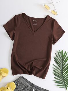 Chocolate Brown Basics Collar Short Sleeve Polyester Plain  Embellished Slight Stretch Summer Women Tops, Blouses & Tee Brown Tee, T Shorts, Brown Tshirt, Women T Shirts, Women Tops, Western Wear, V Neck Tee, Chocolate Brown