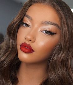 Cute Makeup Looks Red Lips, Red Lip Valentines Day Makeup, Makeup Looks With A Red Lip, Make Up For Prom Red Dress, Winged Eyeliner With Red Lips, Deep Red Lip Makeup Look, Make Up Ideas With Red Lipstick, Daytime Red Lipstick Makeup, Best Makeup For Red Dress