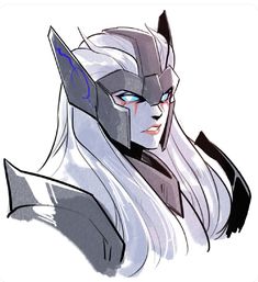 an animated character with long white hair and blue eyes, standing in front of a white background