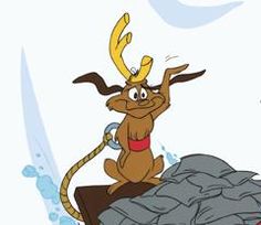 a cartoon character sitting on top of a rock with his arms in the air and eyes wide open