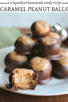 chocolate covered caramel peanut balls stacked on top of each other with text overlay