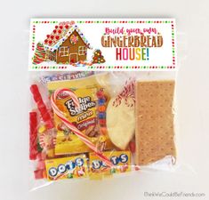 an assortment of candy and crackers in a bag with a gingerbread house sticker