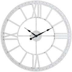 a white clock with roman numerals on it's face is shown against a white background