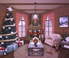 a living room filled with furniture and a christmas tree