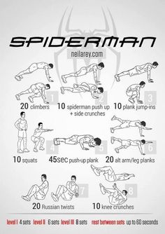 the spiderman workout poster shows how to do it in 10 minutes or less, with instructions