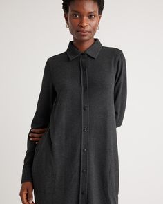 Win: This cozy style combines the polished look of a button-front shirtdress with the comfy feel of your favorite fleece. Crafted in a soft, stretchy knit fabric, our Stretch Sweater Fleece Shirt Dress has a relaxed fit that can pull off laidback looks for day or night, work or weekend. Two side pockets keep your essentials close at hand.  | Quince | Women's Stretch Sweater Fleece Shirt Dress in Black, Size XS, Recycled Polyester Night Work, Cozy Style, Dress Shirts For Women, Pull Off, Shirtdress, Cozy Fashion, Polished Look, Black Charcoal, Quince