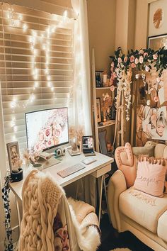 A small cozy home office with twinkling lights and comfortable seating. Comfy Seating, Apartment Style