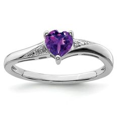 Sterling Silver Rhodium-plated Amethyst Diamond Ring. Material: Primary - Purity:925|Stone Type_1:Amethyst|Stone Type_2:Diamond|Stone Color_1:Purple|Stone Quantity_1:1|Stone Quantity_2:2|Plating:Rhodium|Band Width:2 mm|Stone Setting_1:Prong Set|Stone Setting_2:Pav|Stone Weight_1:0.415 ct|Stone Weight_2:0.007 ctw (total weight)|Feature:Solid|Manufacturing Process:Casted|Material: Primary:Sterling Silver|Stone Shape_1:Heart|Stone Shape_2:Round|Stone Size_1:5 mm|Stone Size_2:0.9 mm|Stone Treatment_1:Heating|Item Weight U/M:gm|Product Type:Jewelry|Jewelry Type:Rings|Material: Primary - Color:White|Ring Type:Gemstone|Plating Color:Silver Tone|Stone Creation Method_1:Natural|Stone Creation Method_2:Natural Size: 7.0.  Gender: unisex.  Age Group: adult. Heart Shape Rings, Heart Purple, Silver Ring Band, Amethyst And Diamond Ring, Purple Diamond, Sterling Silver Rings Bands, Heart Gemstone, Jewelry Rings Diamond, Green Quartz