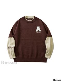 Russoo - Mens Autumn Winter Crew Neck Sweaters with Preppy Letter Print Design and Faux Two-Piece Styling, Ideal for Casual Medium Stretch Comfort Brown Letter Print Sweater For Winter, Winter Brown Letter Print Tops, Winter Brown Tops With Letter Print, Brown Letter Print Tops For Winter, Crew Neck Sweaters, Preppy Mens Fashion, Printed Sweater, Knit Jacket, Sleeves Pattern