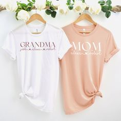 Custom Mothers day T-shirt, Personalized Grandma Shirt, Gift For Mom, T-shirt With Kids Names, Grandma Sweater,  Kids Names Sweatshirt   Sizing, Colors and Material ? These shirts are unisex fit Bella Canvas premium t-shirts. Heather colors are cotton/poly blend so they never shrink. Plain colors like black, pink or military green (not heather ones) are 100% cotton shirts. If you prefer 100% cotton like me, just go with a plain color. Red would be nice for Christmas theme. Size charts are on the White Relaxed Fit T-shirt For Family Matching, Spring Family Matching Crew Neck T-shirt, White Short Sleeve T-shirt For Family Matching, White Letter Print T-shirt As A Gift, White Letter Print T-shirt As Gift, White Top With Funny Text For Mother's Day, White Tops With Funny Text For Mother's Day, White T-shirt For Mother's Day Gift, White Graphic Tee For Mother's Day