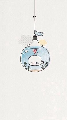 a drawing of a fish in a bottle with a heart hanging from it's side