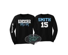 Glitter Kicker Mom Football Shirt |  Long Sleeve Shirt | Football Bling | Football Spirit Wear | Customize Colors PLEASE READ BEFORE ORDERING Please read full description before ordering we cannot be responsible for mistakes made by not reading the full description. ORDERING INSTRUCTIONS: 1. Select your Garment Size/Color Each size must be selected separately. Please do NOT leave a list of sizes in the notes. This will delay your order 2. In the Personalization Section(Add requested info before checking out/paying)  IF YOU DON'T WANT GLITTER PLEASE LET US KNOW We will need the following information: (If you want to remove any words or numbers please state that in the notes) (If you want the shirt to be the colors in the picture please state that in the notes) - Sleeve name - Last name  (on Black Long Sleeve Shirt With Name Print, Blue Long Sleeve Top With Name Print, Drumline Shirts, Band Mom Shirts, Football Spirit, Mom Tank Tops, Baseball Tee Shirts, Football Mom Shirts, Shirt Football