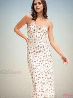 Qteee - Elegant Japanese-style Lace Floral Chiffon Strawberry Printed Sleek Spaghetti Strap Dress Summer Floral Print Slip Dress With Square Neck, Feminine White Cami Dresses, Fitted Slip Dress For Summer Brunch, Fitted Summer Slip Dress For Brunch, White Floral Print Slip Dress For Spring, White Floral Print Slip Dress For Brunch, Sleeveless Summer Dress With Cherry Print, Chic Printed Slip Dress With Spaghetti Straps, Chic White Slip Dress With Floral Print