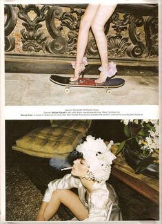 two pictures of a woman on a skateboard with flowers in her hair and wearing high heels