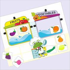 an image of fruits and vegetables on the page with stickers for children's learning