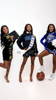 three cheerleaders posing for a photo in front of a white background with a basketball