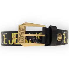 Versace Couture Leather Belt Black Gold Lettering Men's Size 100cm Us Size 40 Designer Black Belt For Business, Designer Leather Belt With Logo Strap, Designer Black Belt With Logo Strap, Designer Black Leather Belt, Luxury Black Belt With Logo Strap, Luxury Black Belts With Logo Strap, Black Leather Belt With Logo Strap, Handmade Leather Belt, Couture Accessories