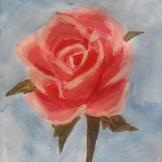 a painting of a pink rose on a blue background