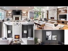 a collage of photos showing living room furniture and fireplaces in various rooms, including couches