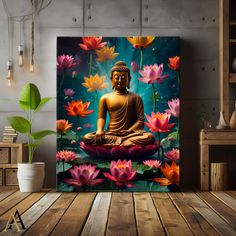 a buddha statue sitting on top of a wooden floor in front of water lilies