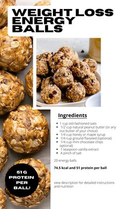 1. Combine oats, peanut butter, honey (or maple syrup), ground flaxseed (if using), chocolate chips (if using), vanilla extract, and a pinch of salt. 2. Mix until combined. If the mixture seems too sticky, refrigerate for 30 minutes. 3. Roll the mixture into balls, about 1-inch in diameter, using your hands. Then place on parchment paper.  4. Refrigerate  for at least 1 hour to firm up. 5. Serve and Enjoy!  Nutrition per serving (1 ball considering there are 20 balls): Without Chocolate Chips ~74.5 calories per ball With Chocolate Chips ~94.5 calories per ball  Carbohydrates: ~170g Protein: ~54g Sugar: ~93g Fat: ~104g  #weightlossdiet #highproteinrecipes #lowcalorierecipes #lowcaloriedesserts #lowcaloriesnack Granola Chocolate Chip Balls, Protein Balls Recipes Healthy, On Protein Balls, Coconut Chocolate Protein Balls, Oats And Peanut Butter Balls, Rolled Oats Balls, Cookie Dough Power Balls, High Protein Low Carb Energy Balls, Peanut Butter Protein Balls Recipe