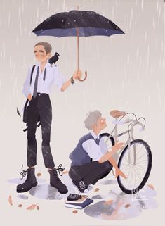 an older man sitting on the ground next to a bicycle under an umbrella, while another gentleman kneels down