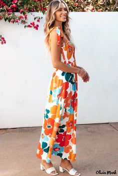 Olivia Mark - Exquisite Orange Floral Maxi Dress with Self-Tied Straps and Smocked Bust Multicolor Smocked Bodice Maxi Dress For Day Out, Spring Bohemian Maxi Dress With Drawstring, Bohemian Spring Maxi Dress With Drawstring, Bohemian Maxi Dress With Drawstring For Spring, Spring Sundress Maxi Dress With Drawstring, Spring/summer Maxi Dress With Drawstring, Spring Summer Maxi Dress With Drawstring, Summer Maxi Dress With Drawstring For Spring, Summer Maxi Dress With Drawstring For Day Out