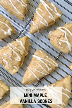 several pastries on a cooling rack with icing