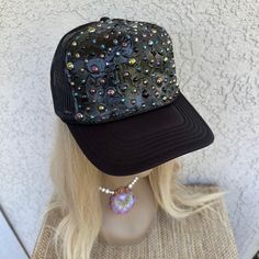 One of a kind rhinestone texture trucker hat for women. This is a very unique hat that can be worn with a casual outfit but it can be dressed up too.  it's definitely a special piece that would make a fun gift as well!  Adjustable SnapBack closure. Check out my other hats, sweatshirts, t-shirts, and more at www.sunlovestudio.com Trendy Rhinestone Adjustable Baseball Cap, Trendy Snapback Baseball Cap With Rhinestones, Trendy Rhinestone Snapback Baseball Cap, Adjustable Baseball Cap With Bling, Trendy Rhinestone Baseball Cap, Trendy Rhinestone Cap, Trendy Rhinestone-embellished Cap, Adjustable Trucker Hat For Party, Adjustable Trucker Baseball Cap For Party