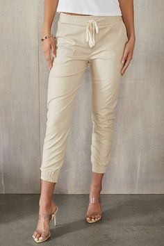 Basic Beige cuffed jogger with pockets Joggers Women, Leather Joggers, Cuffed Joggers, Casual Bottoms, Joggers Pants, Women's Bottoms, New Tops, Short Sleeved Sweaters, Clothing Co