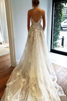 Stunning Appliques Lace Spaghetti Straps Wedding Dress - Wedding Dresses Wedding Dress Spaghetti Straps, Spaghetti Strap Wedding Dress, Beach Wedding Gown, Lace Applique Wedding Dress, Wedding Dresses Uk, Open Back Wedding Dress, Wedding Dress With Pockets, Wedding Dresses With Straps, V Neck Wedding Dress