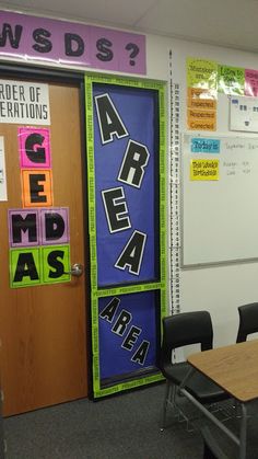 a classroom with chairs and bulletin boards on the doors that say area as are areas