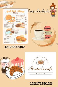 the menu for coffee and pastries is shown in this graphic style, with an image of