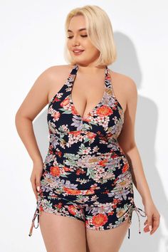 Floral Print V-Neck Halter Tankini Top Plus Size Tankini, Halter Top Tankini, Halter Tankini, Tankini Set, Stylish Plus, Plus Size Swimsuits, Printed Swim, Tankini Swimsuits, Fashion Gallery