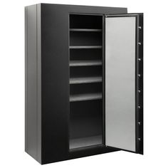 an empty black cabinet with shelves on the front and side doors open to reveal it's contents