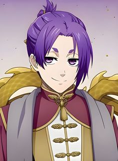 an anime character with purple hair and blue eyes, wearing a costume that has wings on it