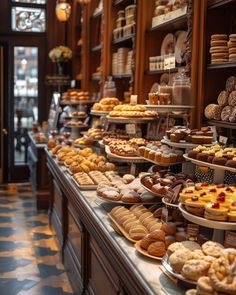 a bakery filled with lots of different types of pastries and desserts on display