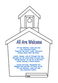 a drawing of a church with the words all are welcome written in blue on it