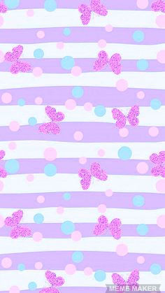 pink and blue polka dot butterflies on striped background