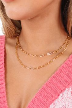 Link To Layer Necklace - Gold Trendy Double Strand Chunky Chain Necklace, Trendy Gold Layered Necklace With Paperclip Chain, Modern Paperclip Chain Necklace For Layering, Modern Double Strand Gold Chain Necklace, Gold Paperclip Double Chain Jewelry, Gold-tone Paperclip Chain Necklace, Chic Paperclip Chain Necklace, Double Strand Gold Paperclip Chain Necklace, Gold Double Strand Paperclip Chain Necklace