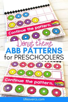 two notebooks with donuts on them and the words donut time abb patterns for preschoolers