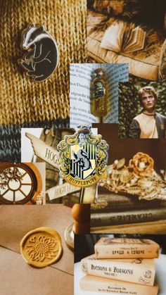 a collage of pictures with harry potter symbols